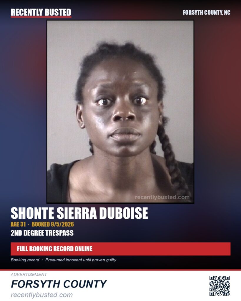 SHONTE SIERRA DUBOISE — arrest record card, Forsyth County, North Carolina