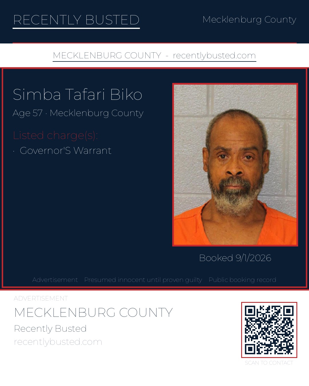 SIMBA TAFARI BIKO — arrest record card, Mecklenburg County, North Carolina