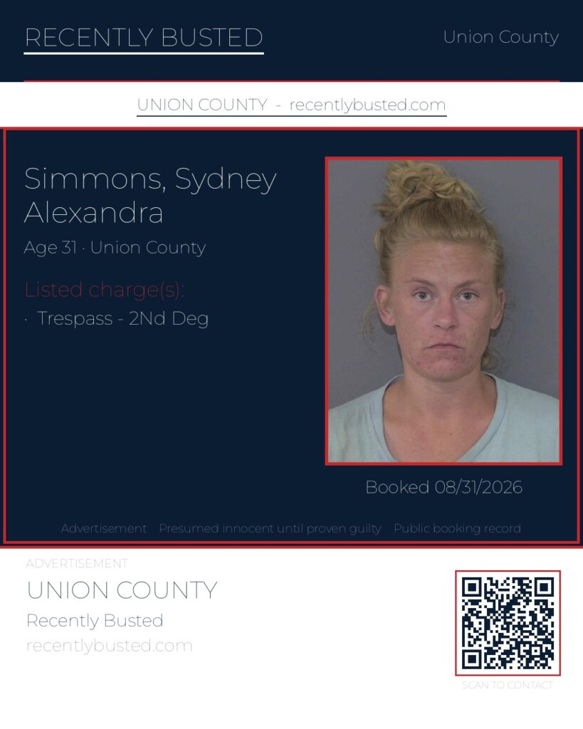 SIMMONS, SYDNEY ALEXANDRA — arrest record card, Union County, North Carolina