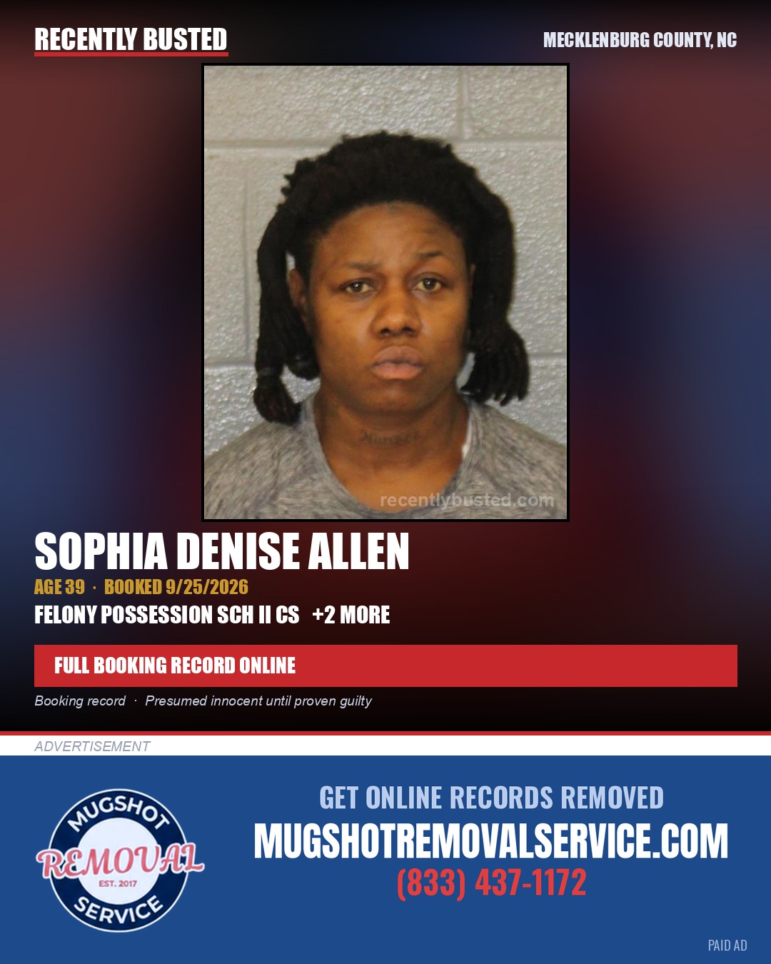 SOPHIA DENISE ALLEN — arrest record card, Mecklenburg County, North Carolina