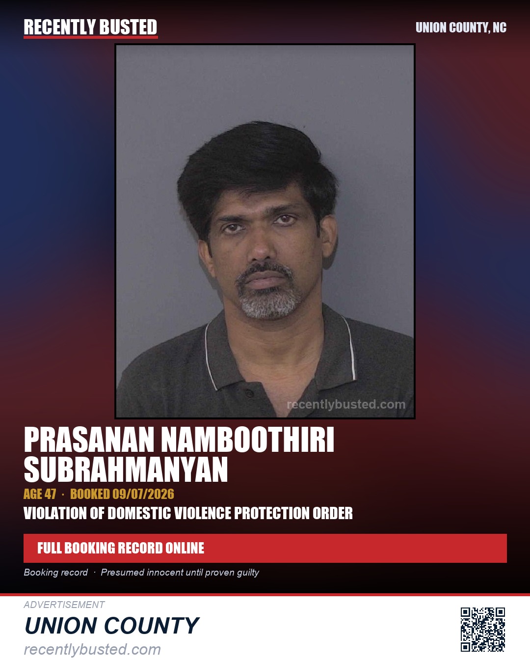 SUBRAHMANYAN, PRASANAN NAMBOOTHIRI — arrest record card, Union County, North Carolina