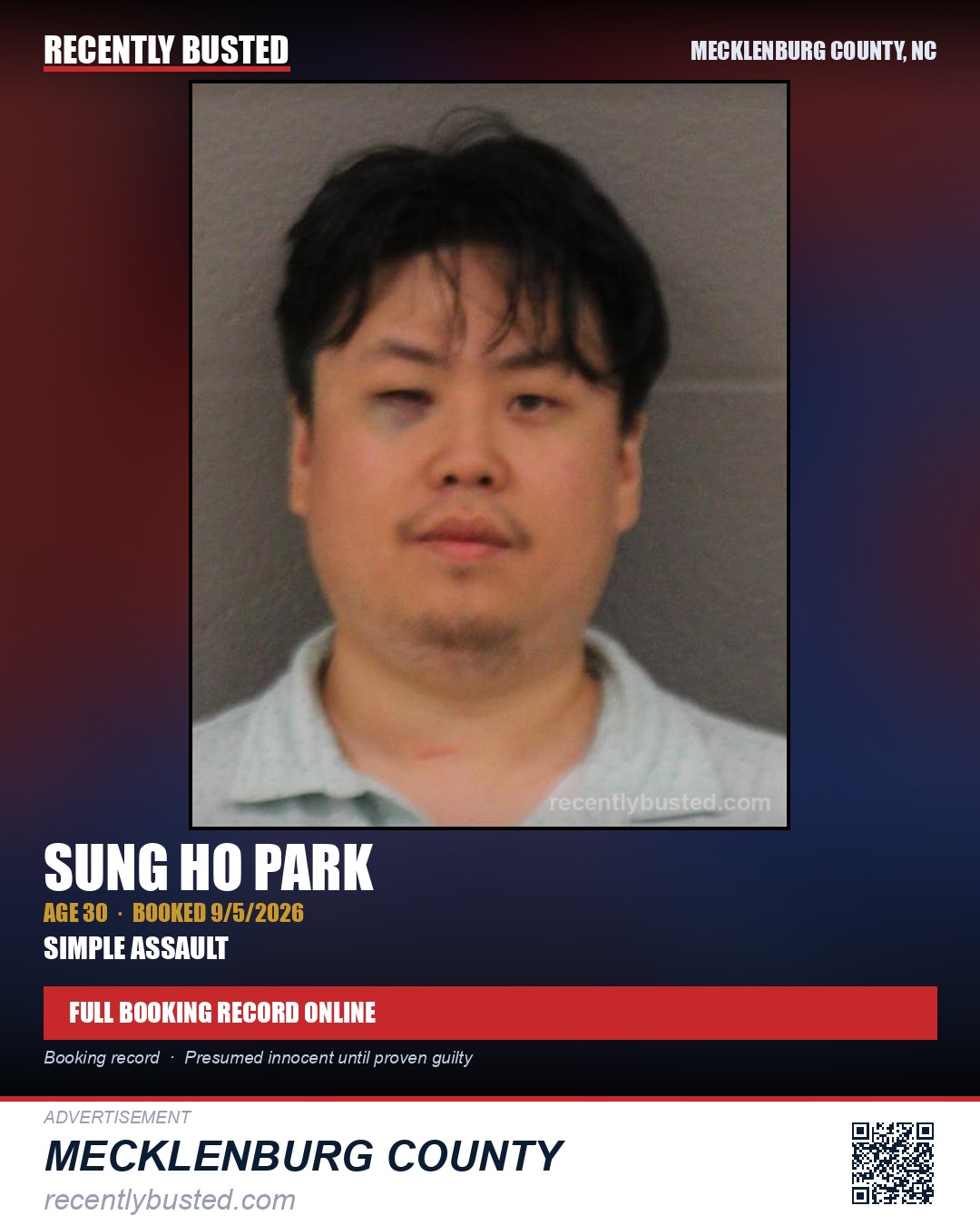 SUNG HO PARK — arrest record card, Mecklenburg County, North Carolina