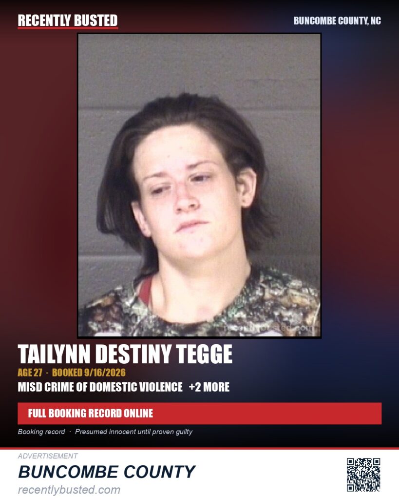 TAILYNN DESTINY TEGGE — arrest record card, Buncombe County, North Carolina