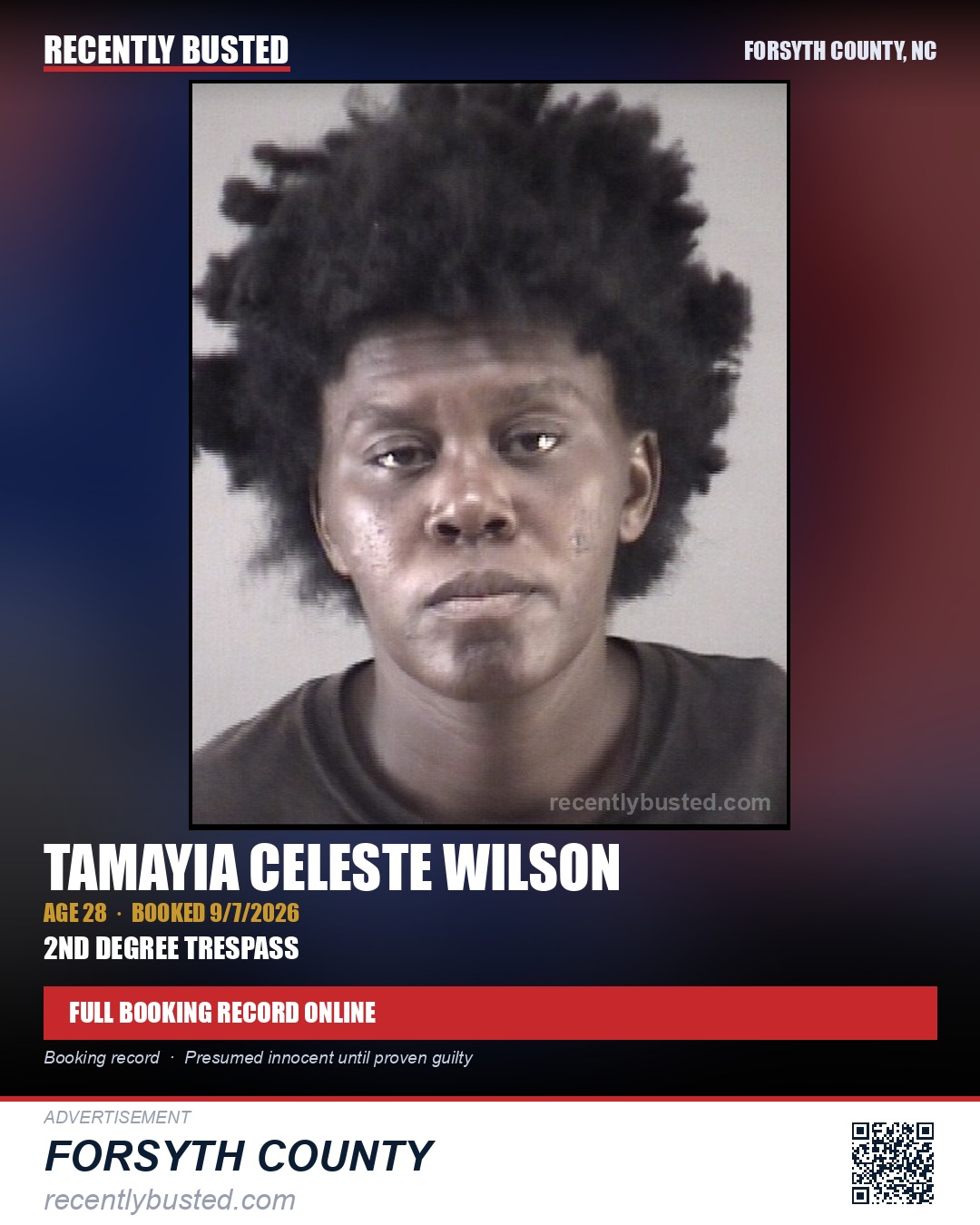 TAMAYIA CELESTE WILSON — arrest record card, Forsyth County, North Carolina