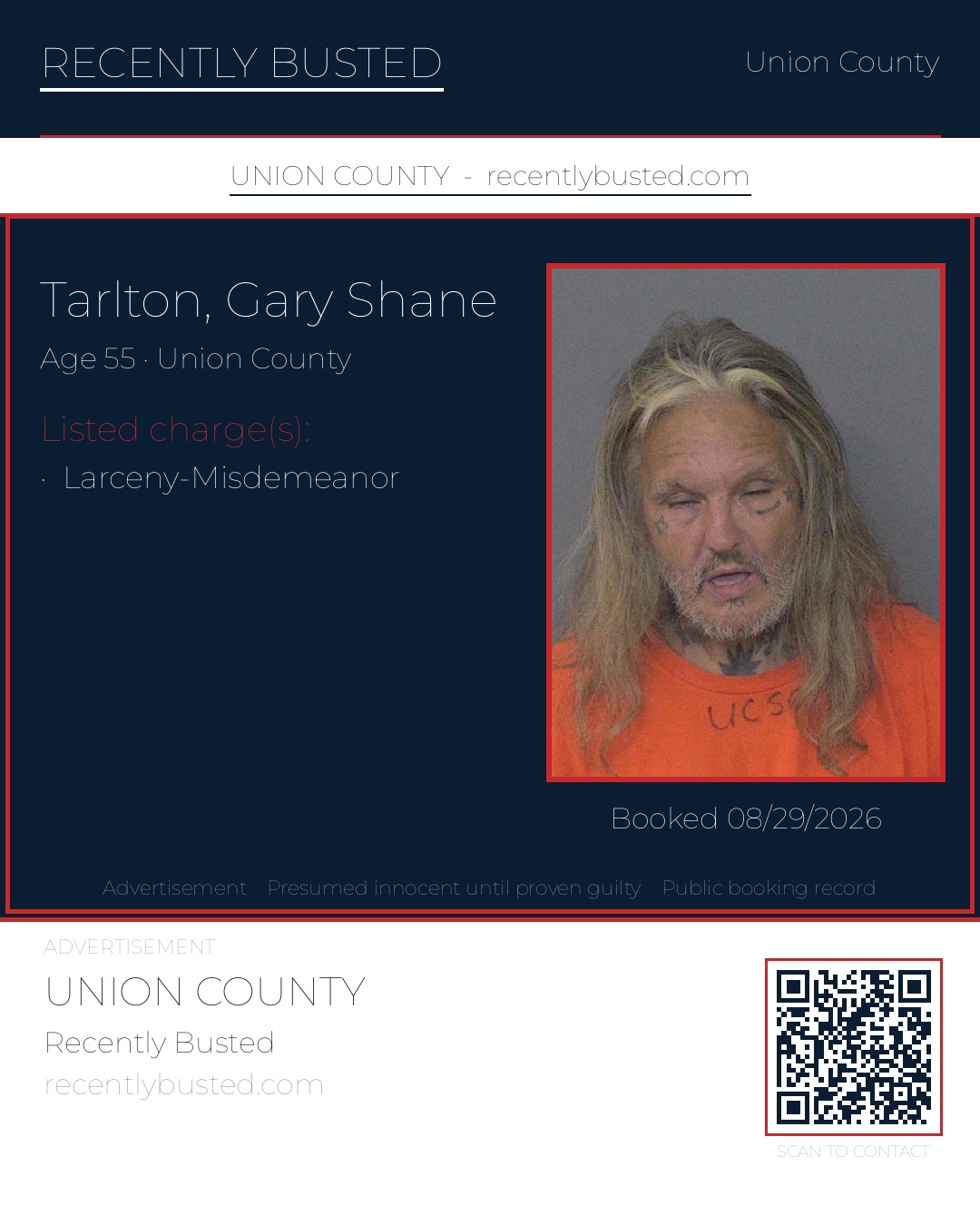 TARLTON, GARY SHANE — arrest record card, Union County, North Carolina