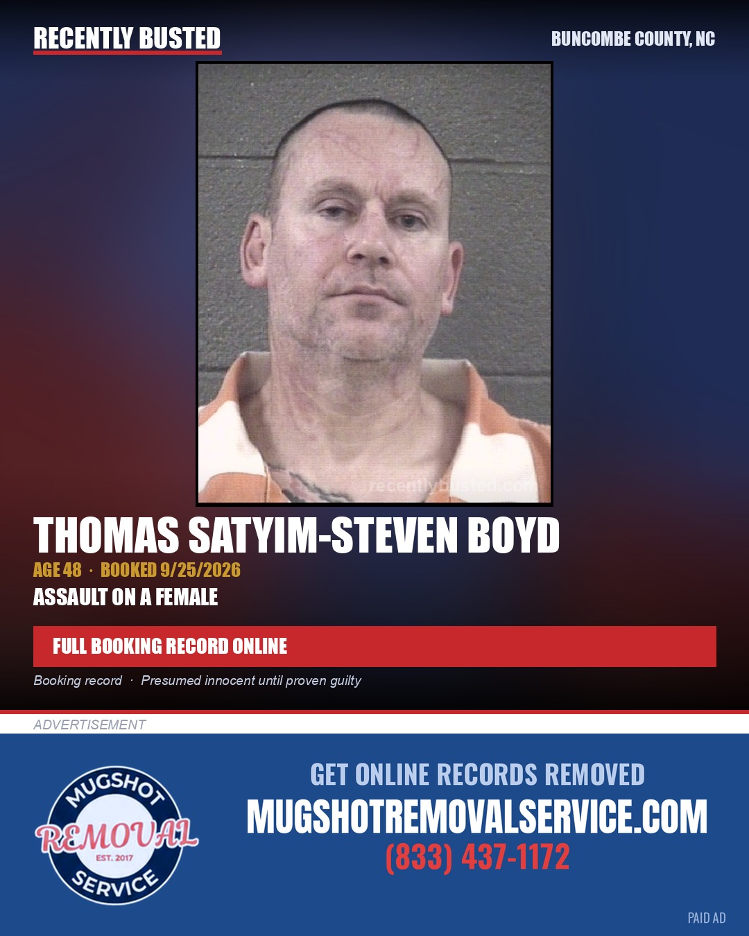 THOMAS SATYIM-STEVEN BOYD — arrest record card, Buncombe County, North Carolina