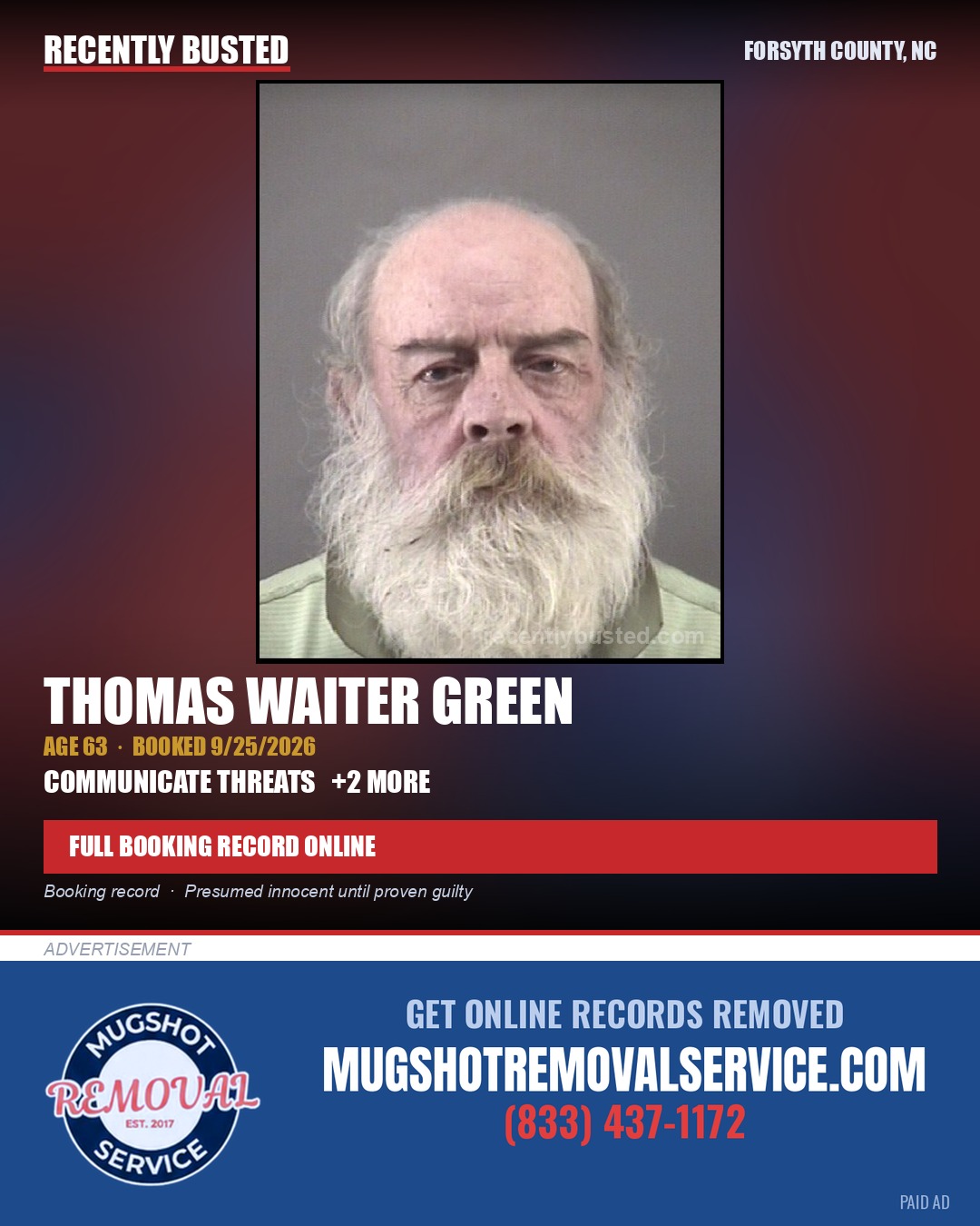 THOMAS WAITER GREEN — arrest record card, Forsyth County, North Carolina