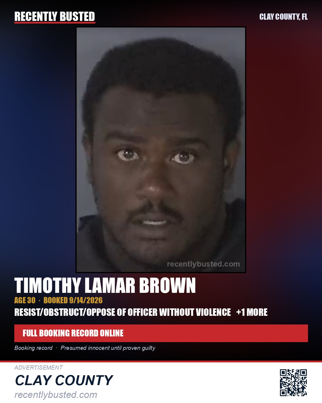 TIMOTHY LAMAR BROWN — arrest record card, Clay County, Florida