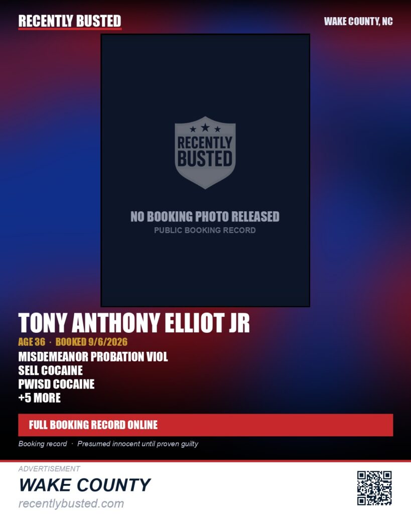 TONY ANTHONY ELLIOT JR — arrest record card, Wake County, North Carolina