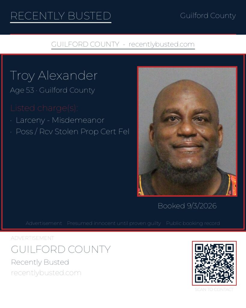 TROY ALEXANDER — arrest record card, Guilford County, North Carolina