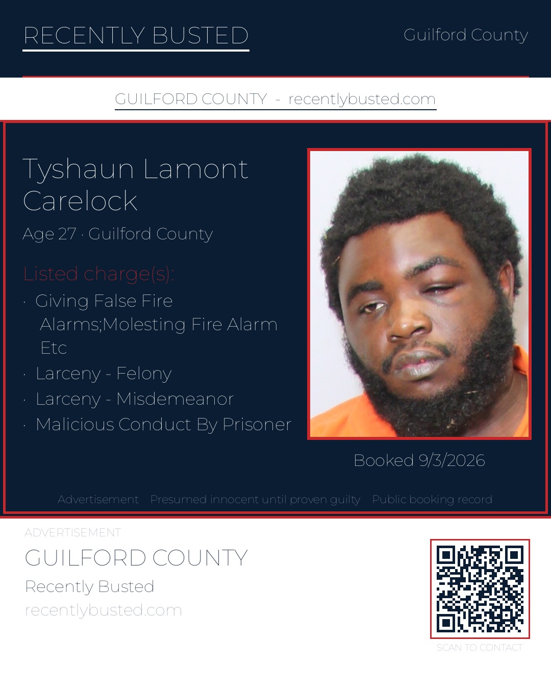 TYSHAUN LAMONT CARELOCK — arrest record card, Guilford County, North Carolina