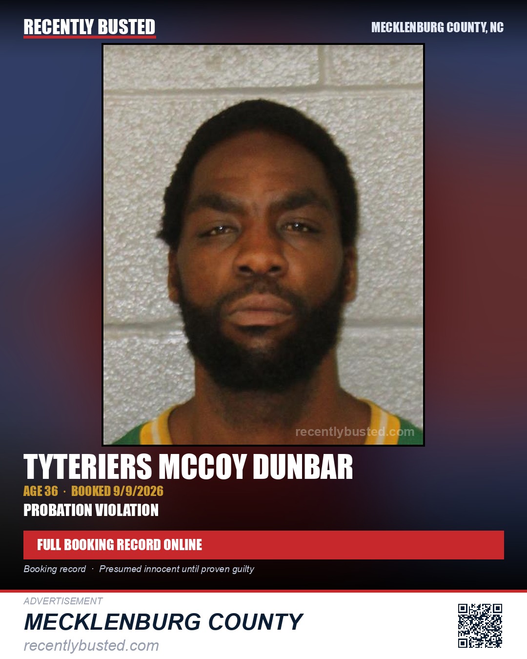 TYTERIERS MCCOY DUNBAR — arrest record card, Mecklenburg County, North Carolina