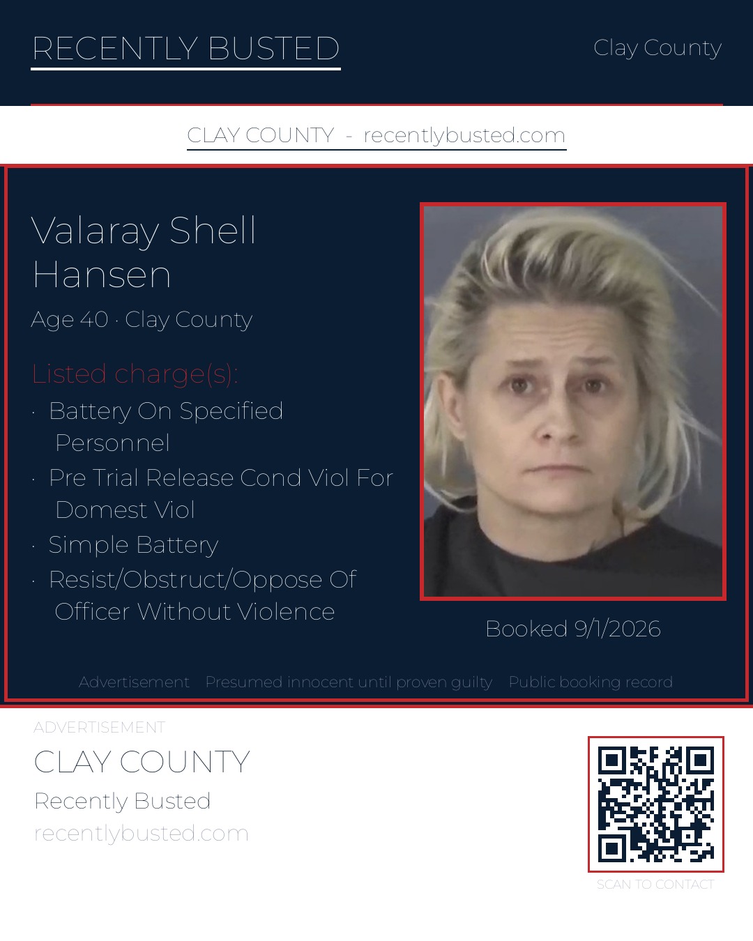 VALARAY SHELL HANSEN — arrest record card, Clay County, Florida