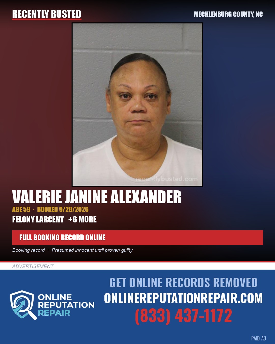 VALERIE JANINE ALEXANDER — arrest record card, Mecklenburg County, North Carolina