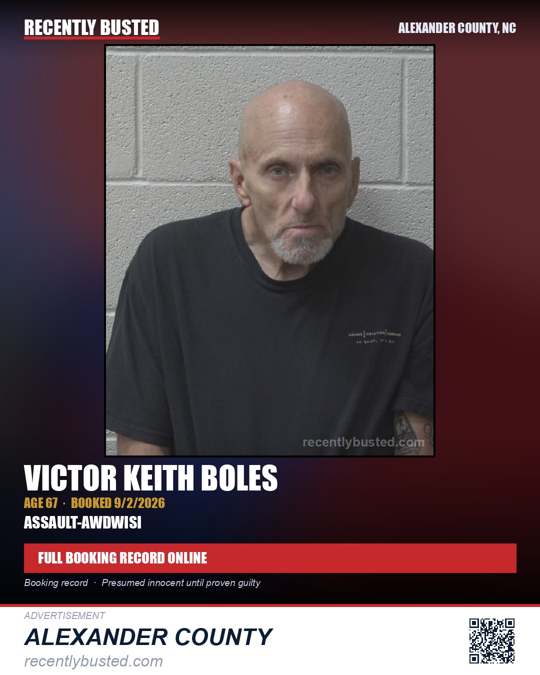 VICTOR KEITH BOLES — arrest record card, Alexander County, North Carolina