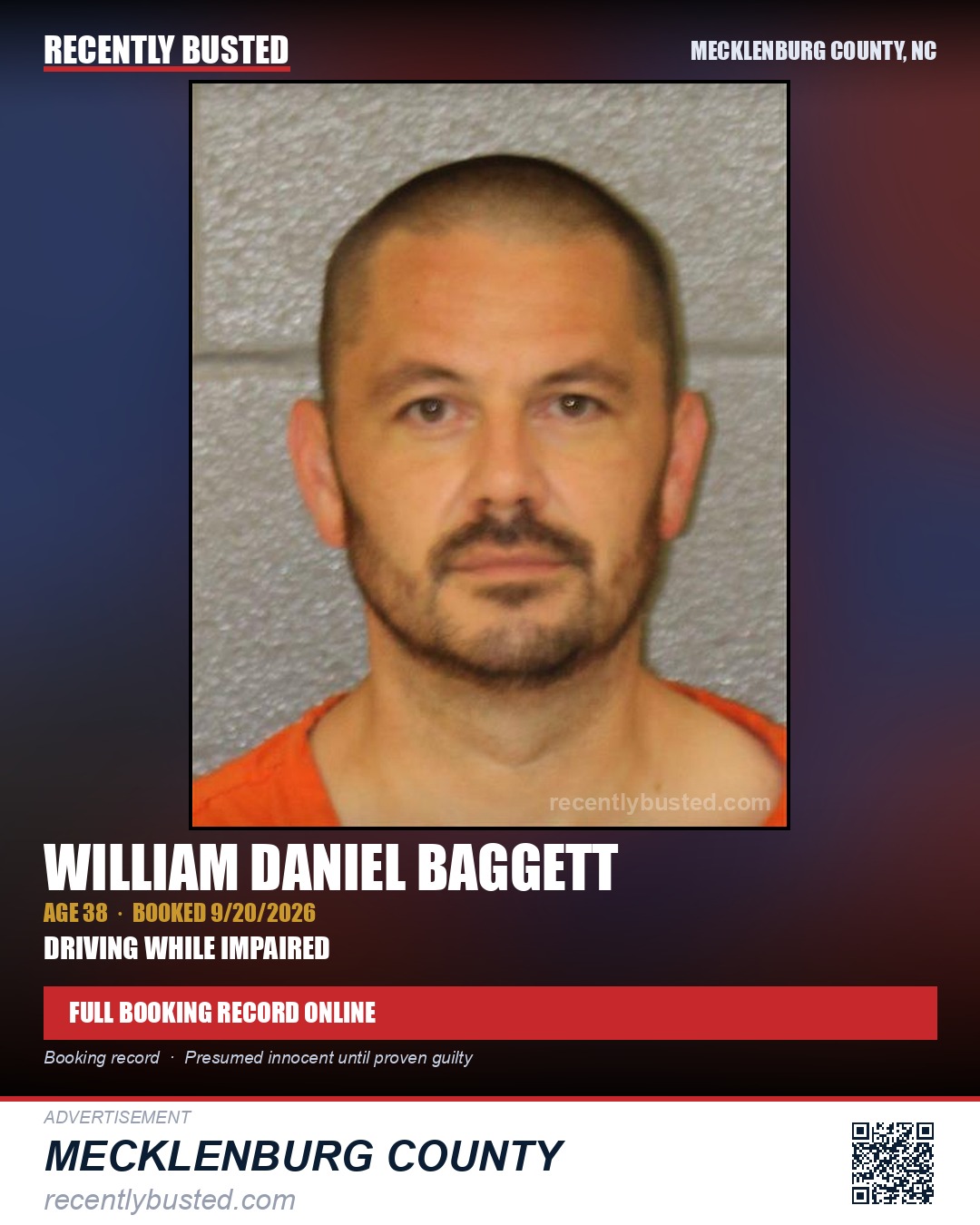 WILLIAM DANIEL BAGGETT — arrest record card, Mecklenburg County, North Carolina