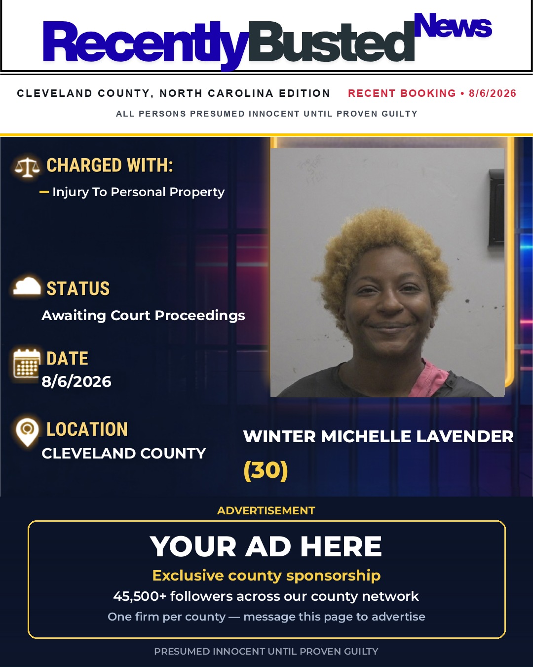 WINTER MICHELLE LAVENDER — arrest record card, Cleveland County