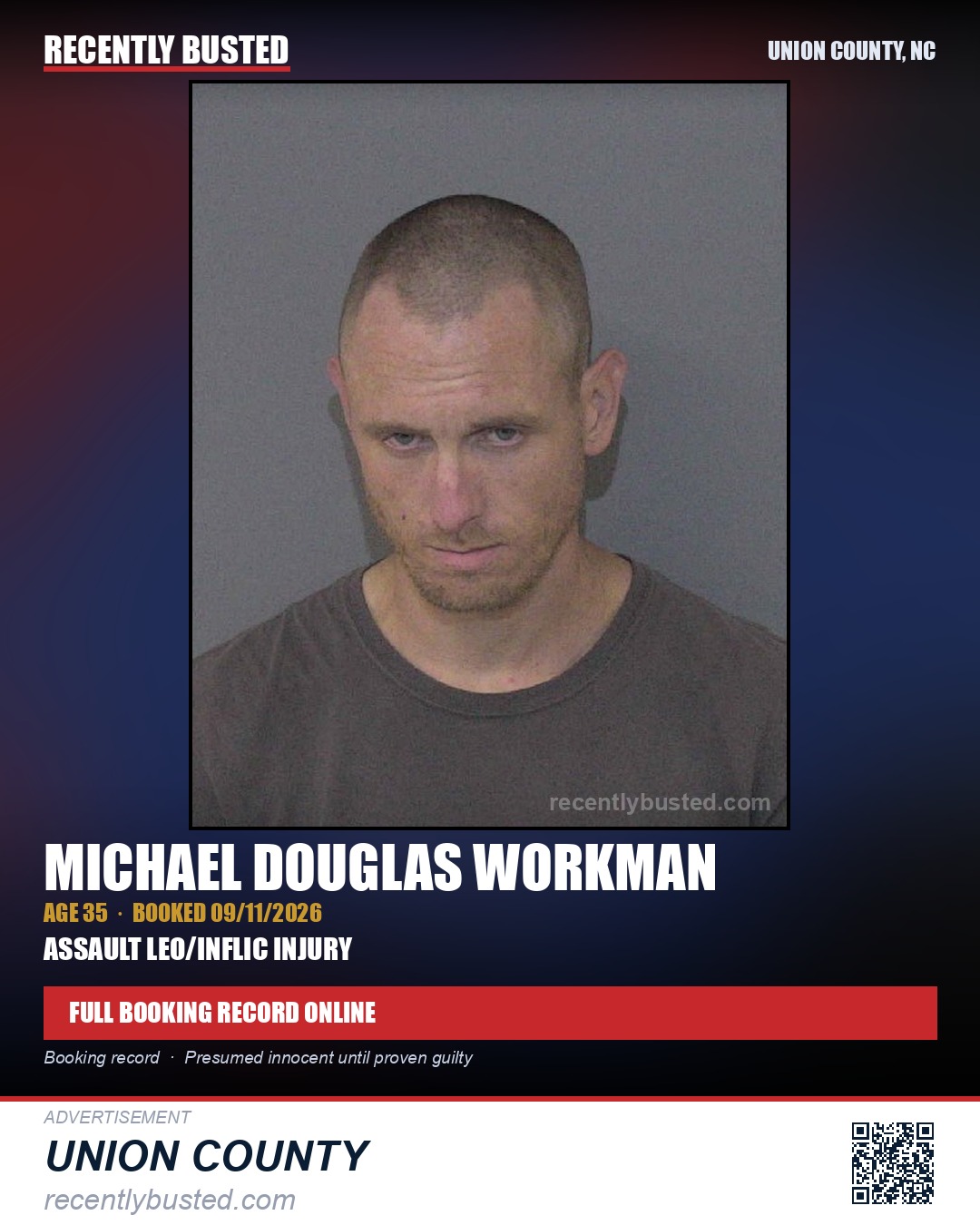 WORKMAN, MICHAEL DOUGLAS — arrest record card, Union County, North Carolina