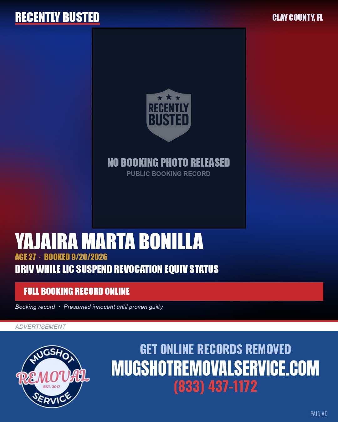 YAJAIRA MARTA BONILLA — arrest record card, Clay County, Florida