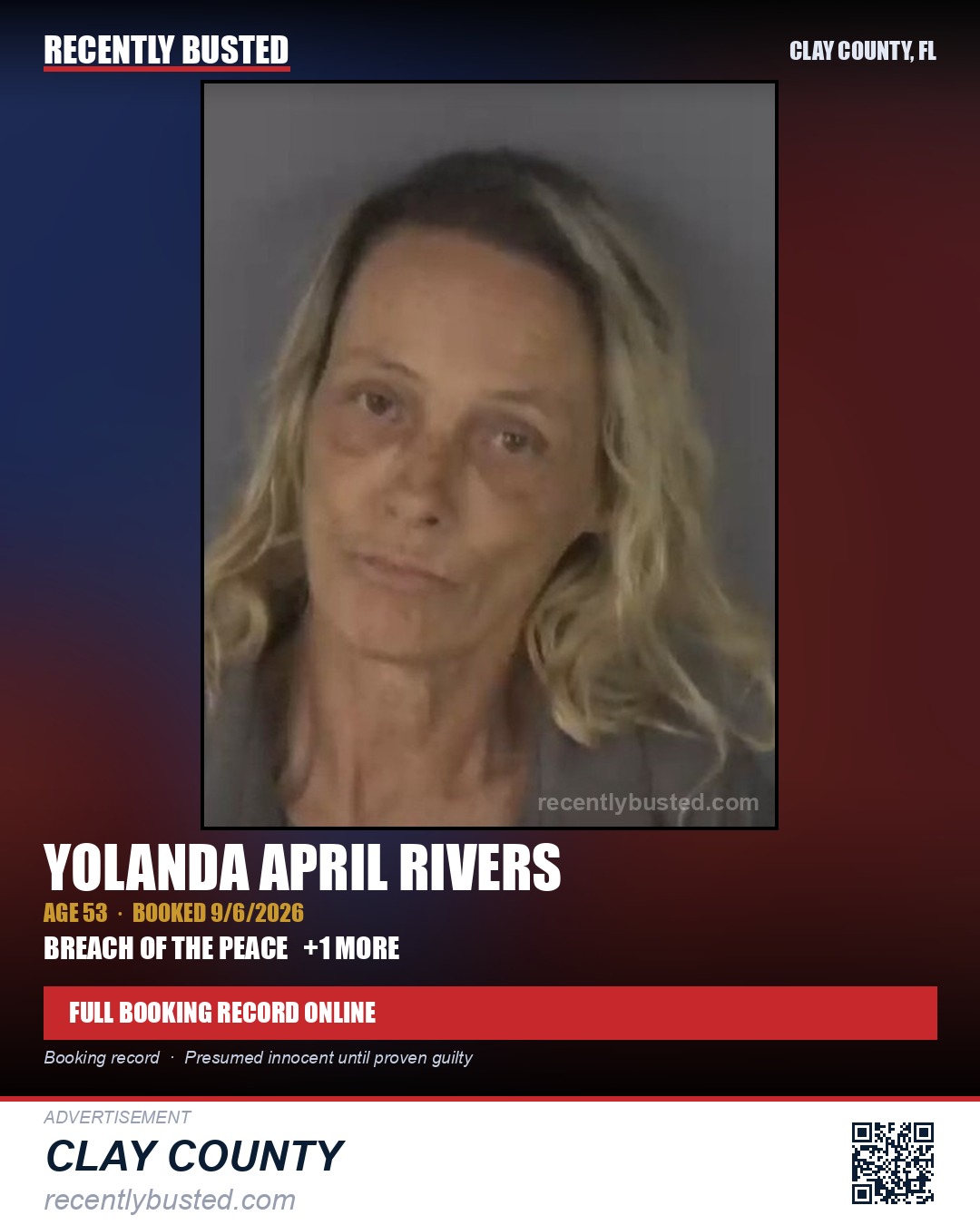 YOLANDA APRIL RIVERS — arrest record card, Clay County, Florida