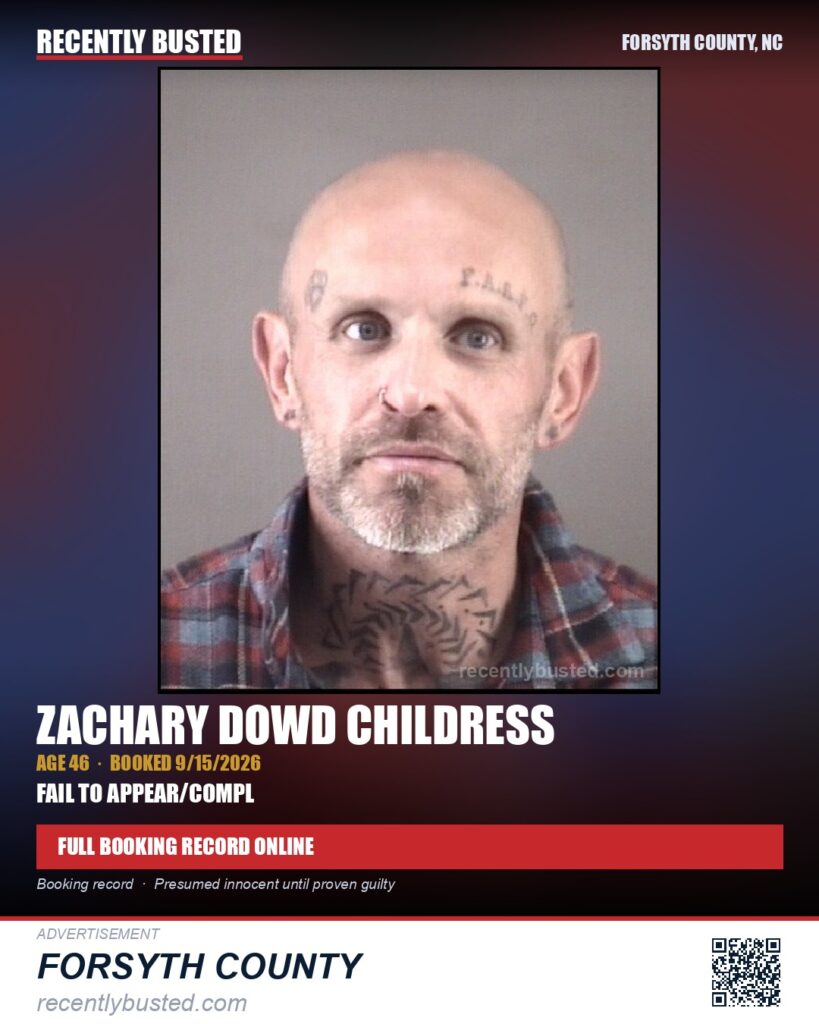 ZACHARY DOWD CHILDRESS — arrest record card, Forsyth County, North Carolina