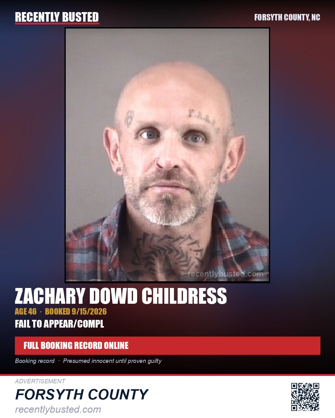 ZACHARY DOWD CHILDRESS — arrest record card, Forsyth County, North Carolina