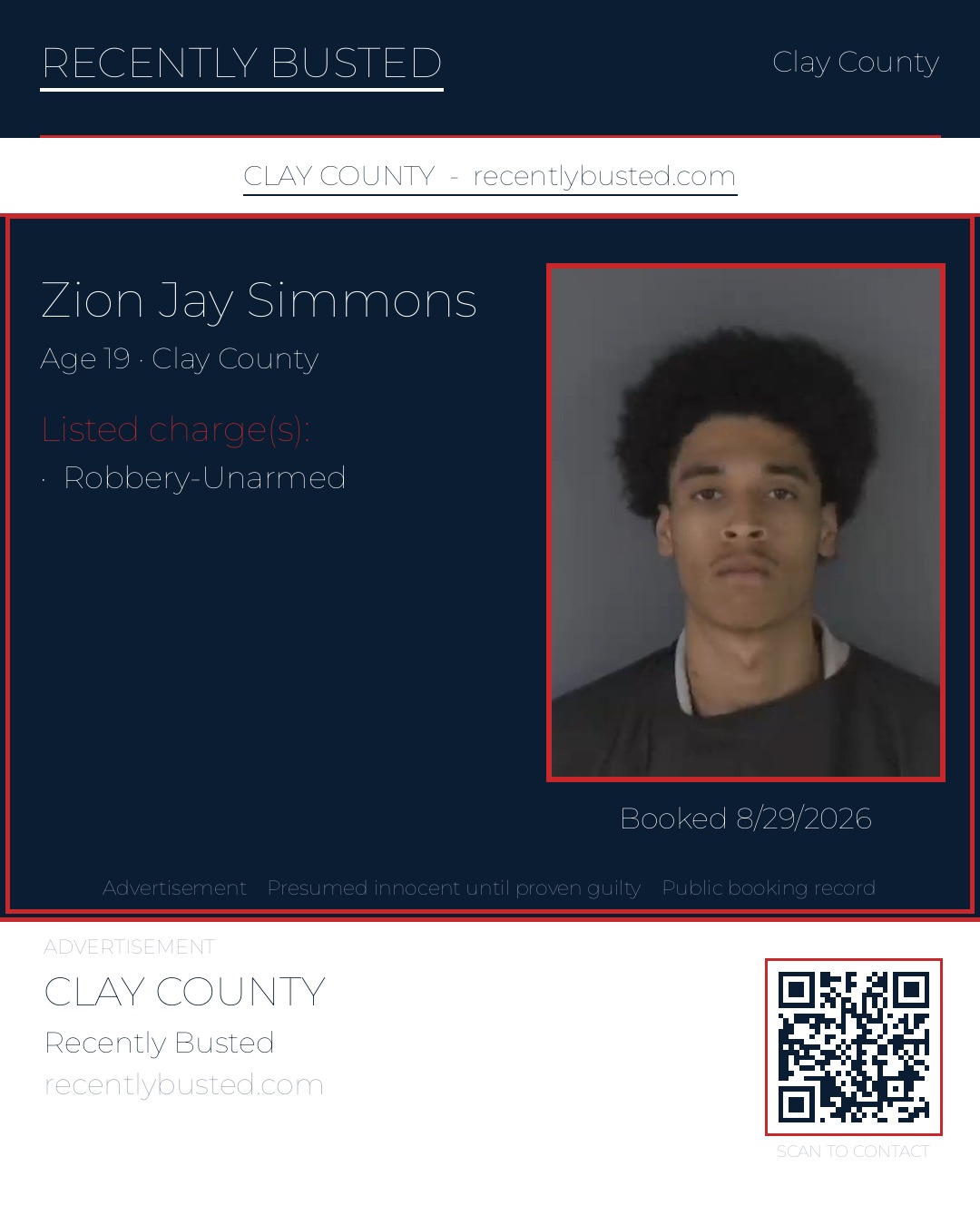 ZION JAY SIMMONS — arrest record card, Clay County, Florida