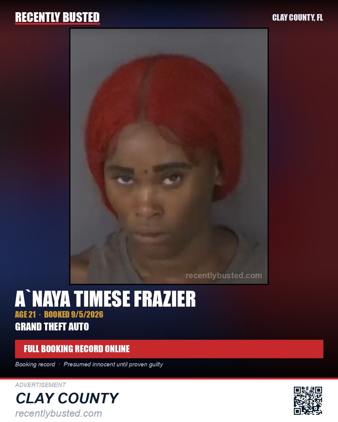 A`NAYA TIMESE FRAZIER — arrest record card, Clay County, Florida