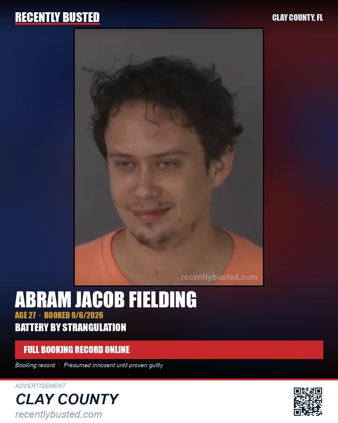 ABRAM JACOB FIELDING — arrest record card, Clay County, Florida