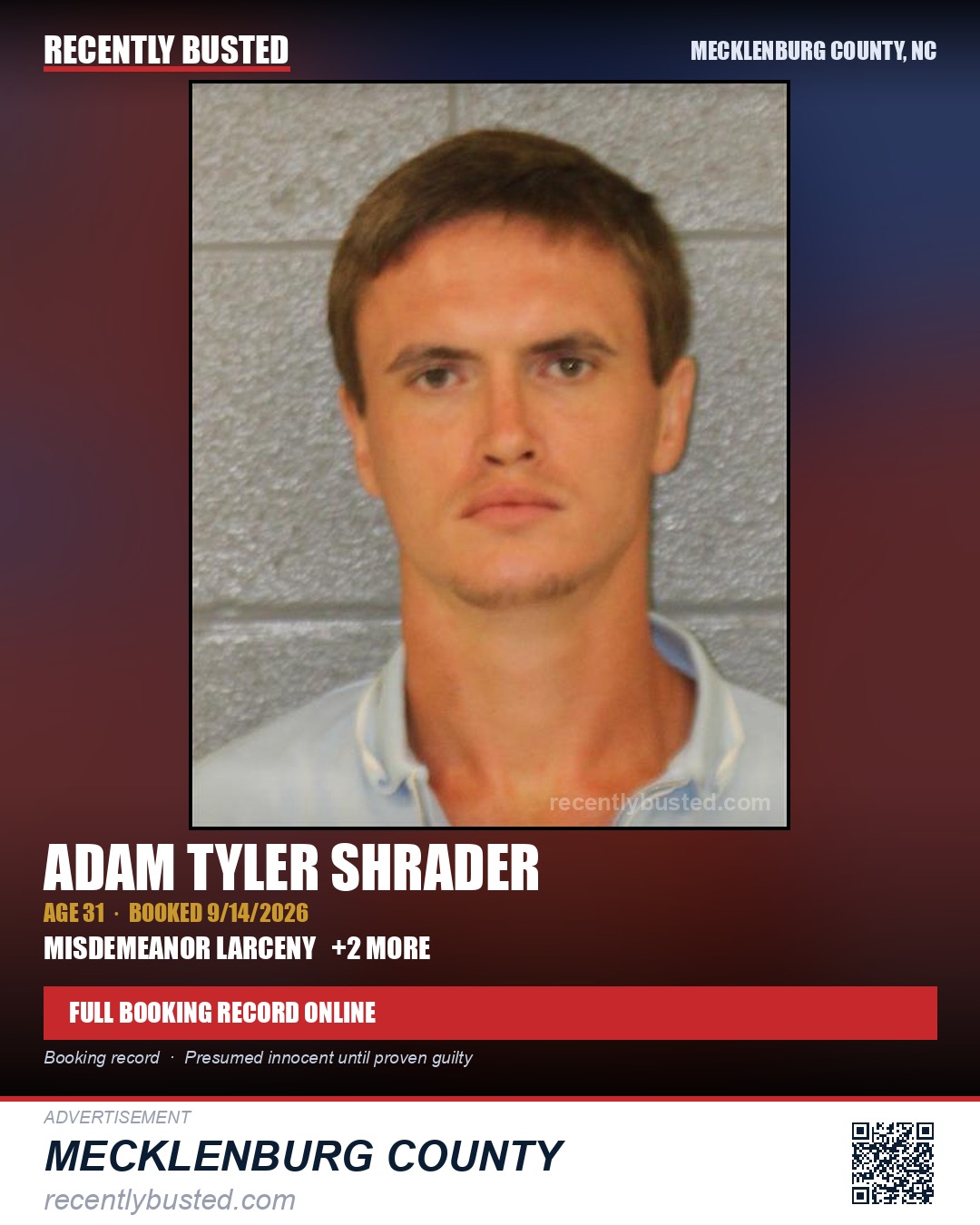 ADAM TYLER SHRADER — arrest record card, Mecklenburg County, North Carolina