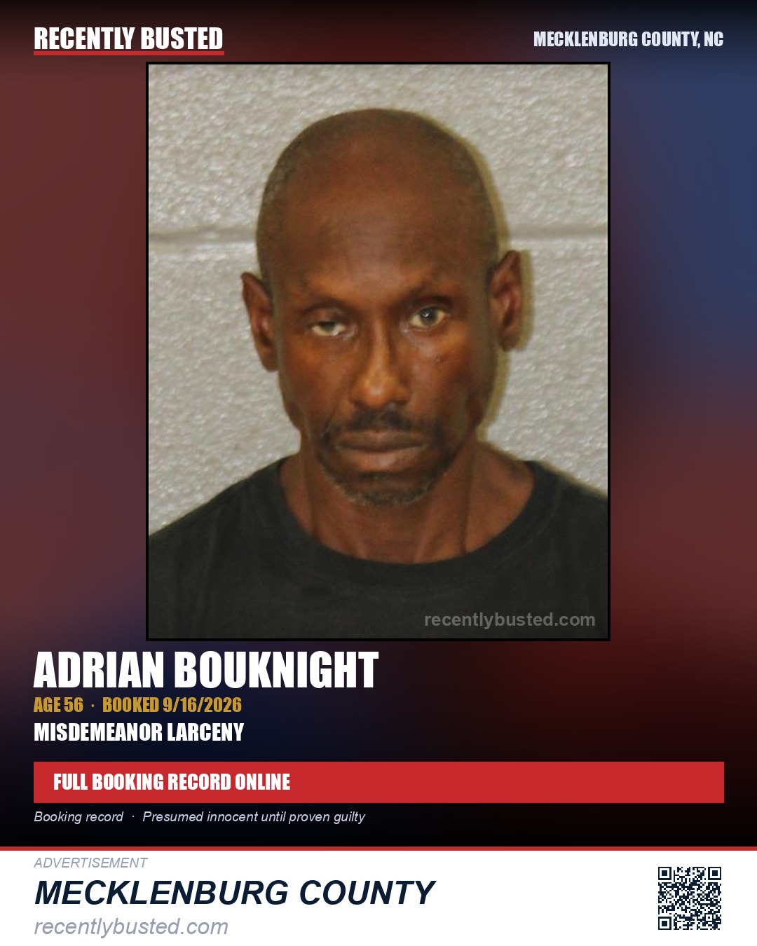 ADRIAN BOUKNIGHT — arrest record card, Mecklenburg County, North Carolina