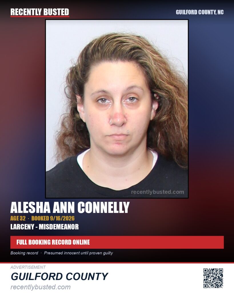 ALESHA ANN CONNELLY — arrest record card, Guilford County, North Carolina