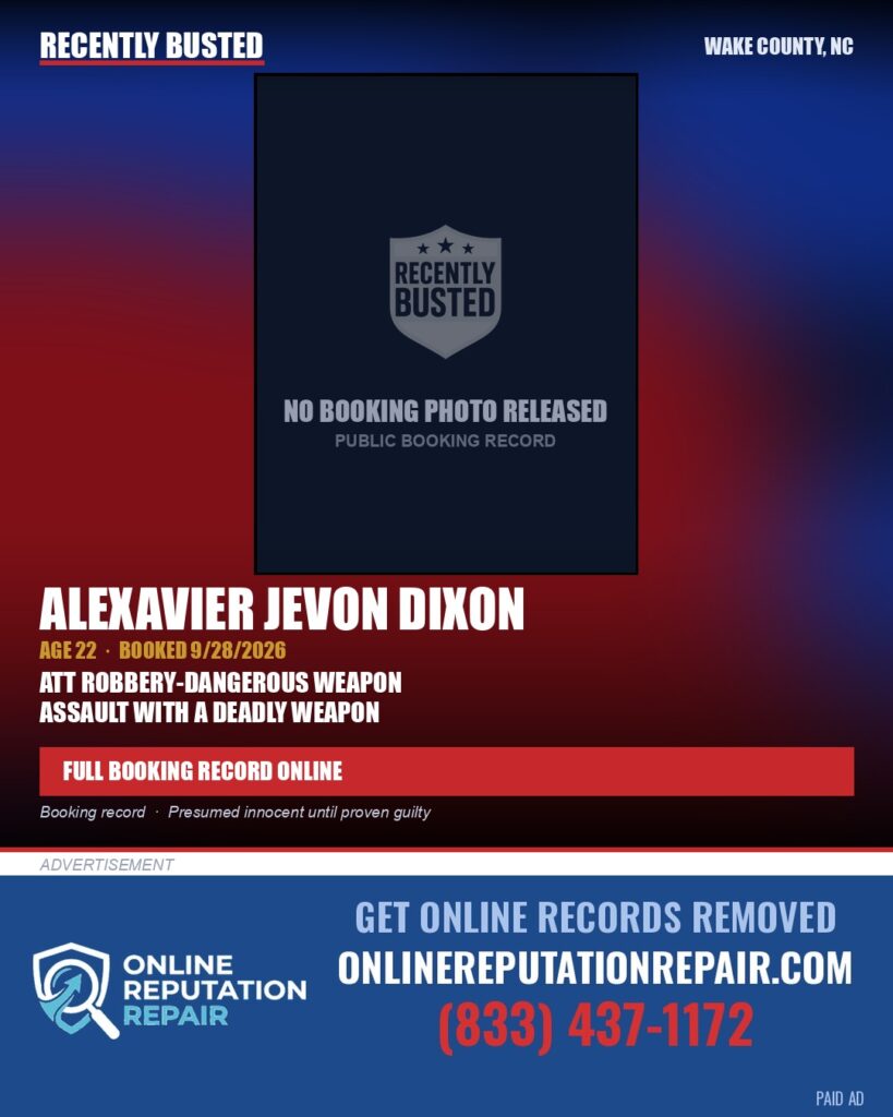 ALEXAVIER JEVON DIXON — arrest record card, Wake County, North Carolina