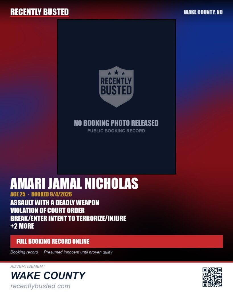 AMARI JAMAL NICHOLAS — arrest record card, Wake County, North Carolina