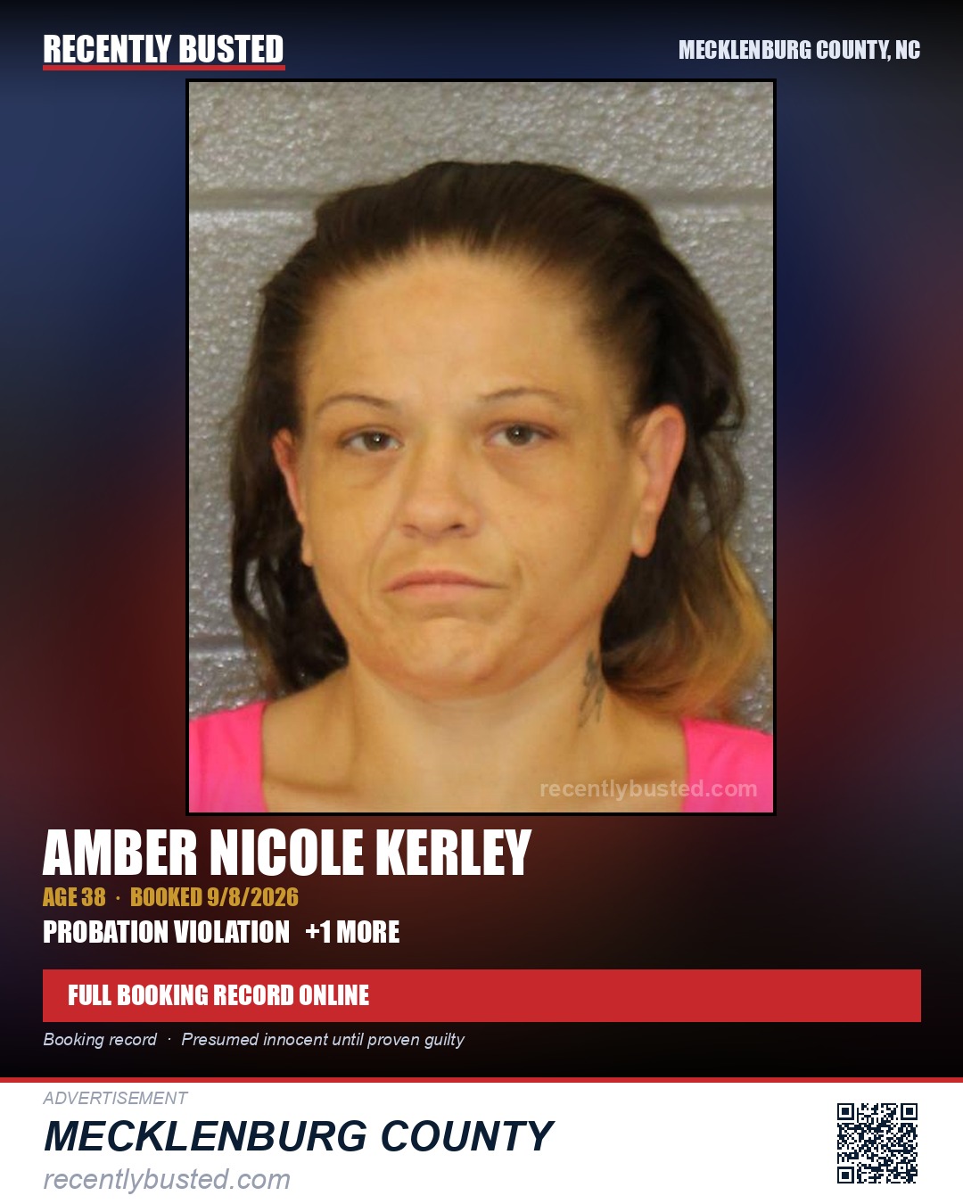 AMBER NICOLE KERLEY — arrest record card, Mecklenburg County, North Carolina
