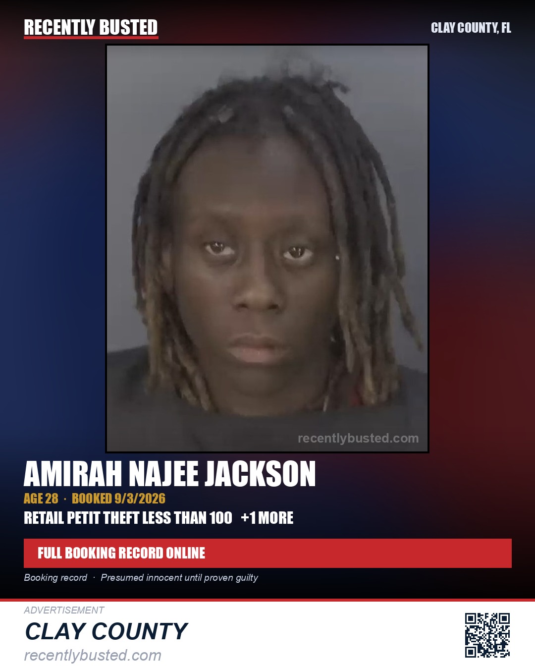 AMIRAH NAJEE JACKSON — arrest record card, Clay County, Florida