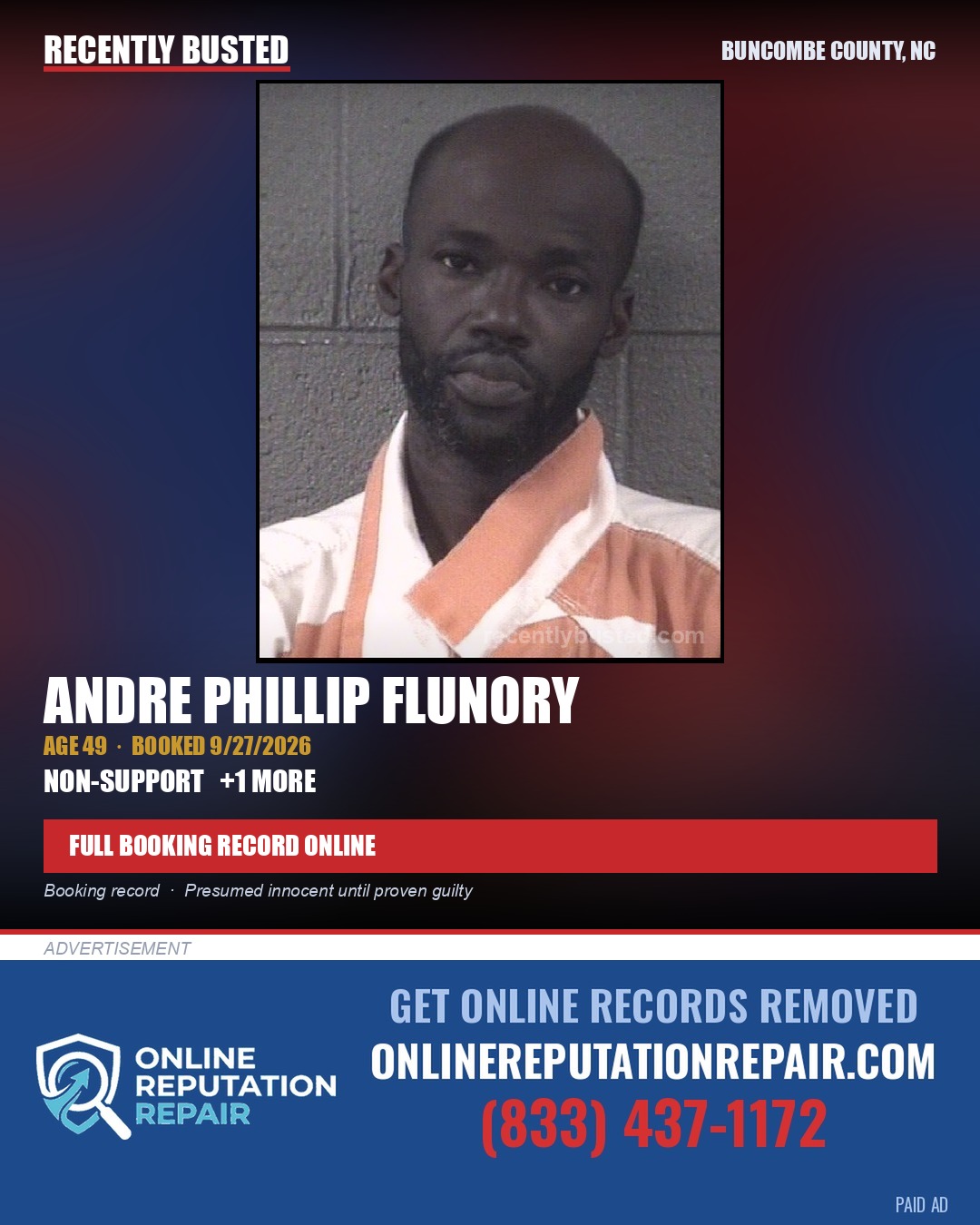 ANDRE PHILLIP FLUNORY — arrest record card, Buncombe County, North Carolina