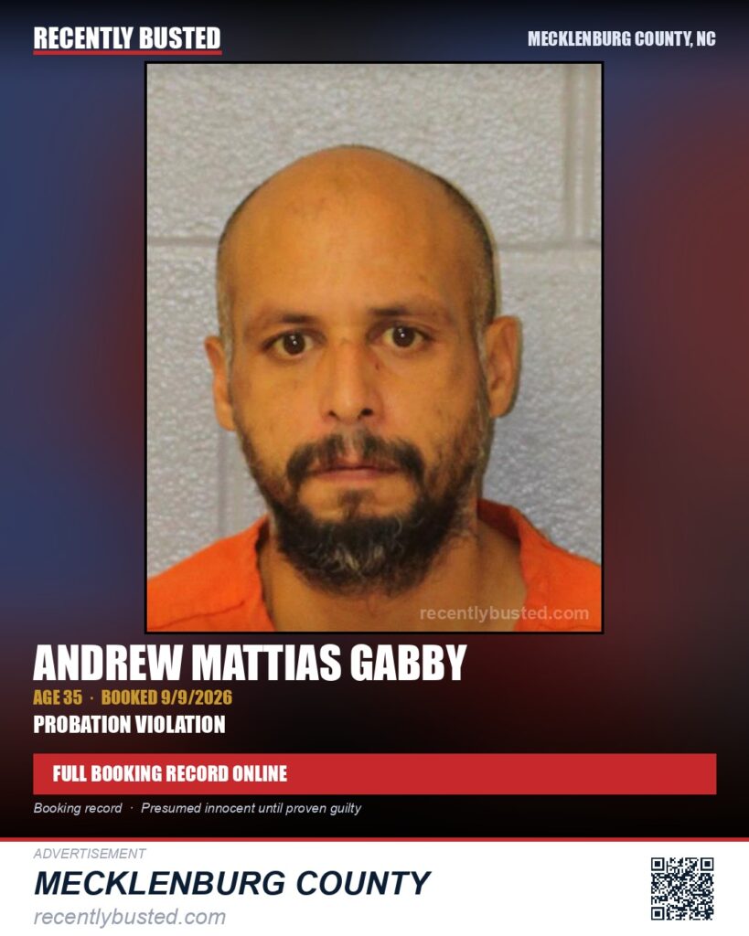 ANDREW MATTIAS GABBY — arrest record card, Mecklenburg County, North Carolina