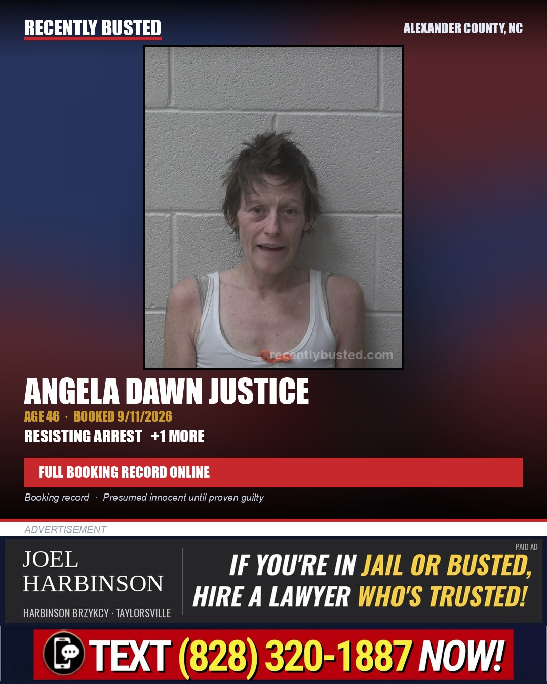 ANGELA DAWN JUSTICE — arrest record card, Alexander County, North Carolina