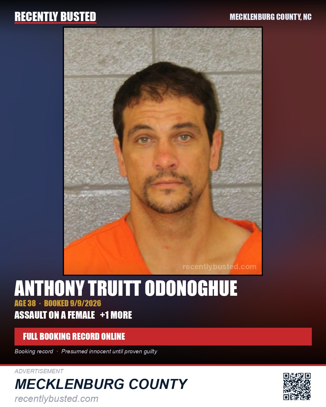 ANTHONY TRUITT ODONOGHUE — arrest record card, Mecklenburg County, North Carolina