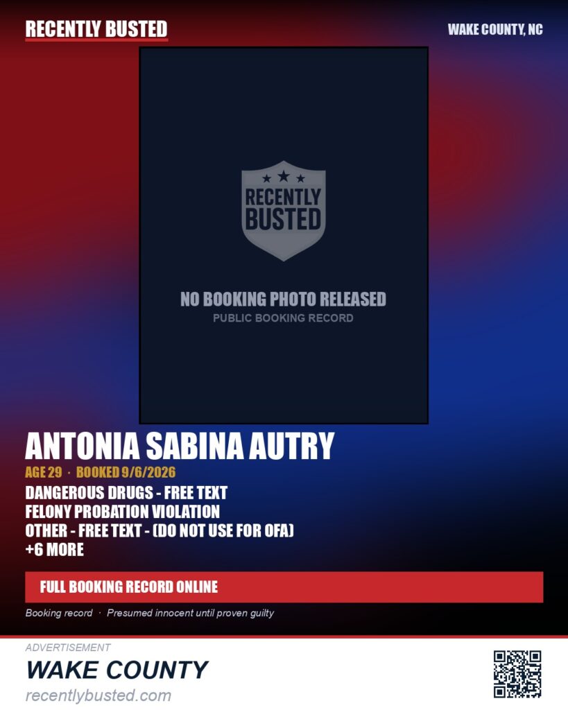 ANTONIA SABINA AUTRY — arrest record card, Wake County, North Carolina