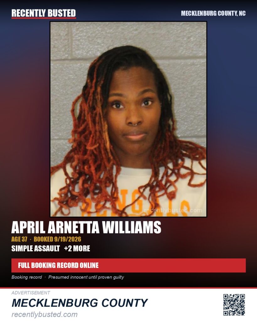 APRIL ARNETTA WILLIAMS — arrest record card, Mecklenburg County, North Carolina