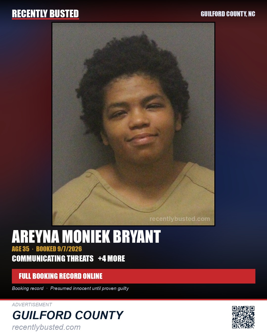 AREYNA MONIEK BRYANT — arrest record card, Guilford County, North Carolina