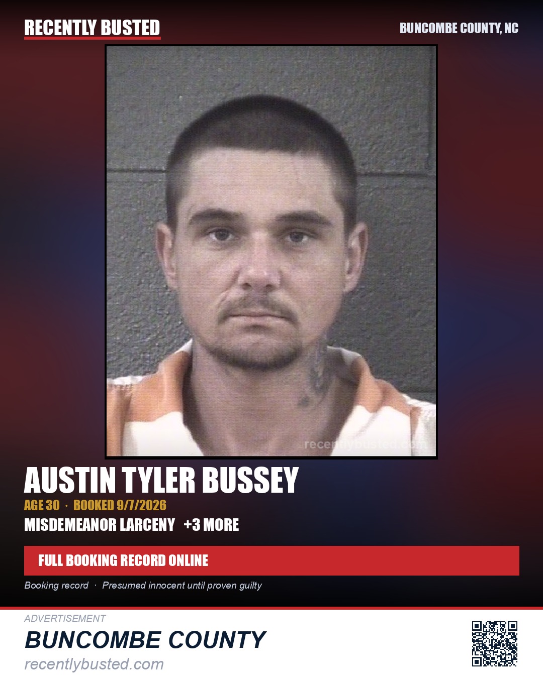 AUSTIN TYLER BUSSEY — arrest record card, Buncombe County, North Carolina