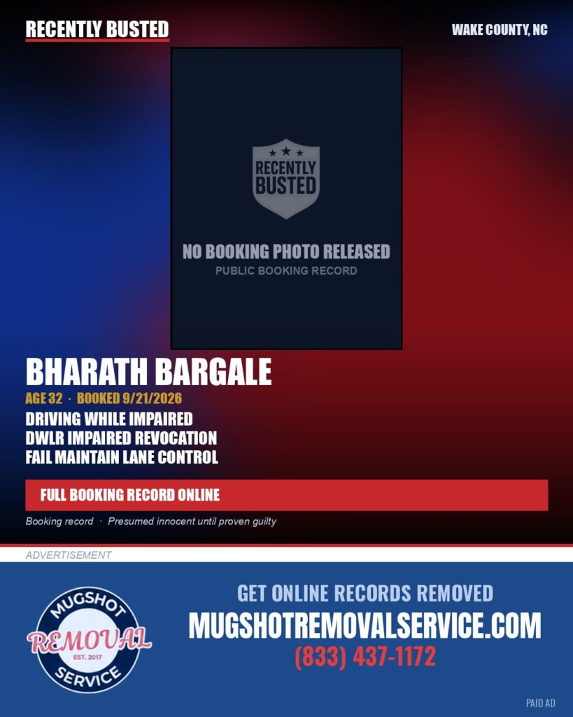 BHARATH BARGALE — arrest record card, Wake County, North Carolina