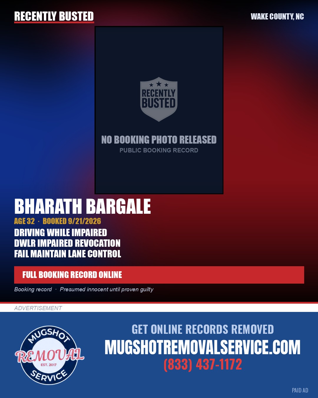 BHARATH BARGALE — arrest record card, Wake County, North Carolina