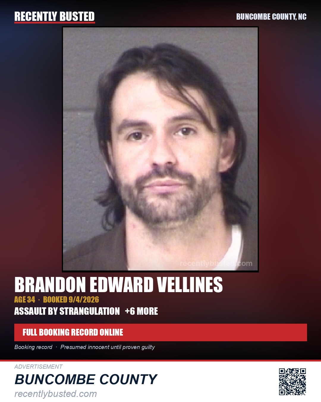 BRANDON EDWARD VELLINES — arrest record card, Buncombe County, North Carolina