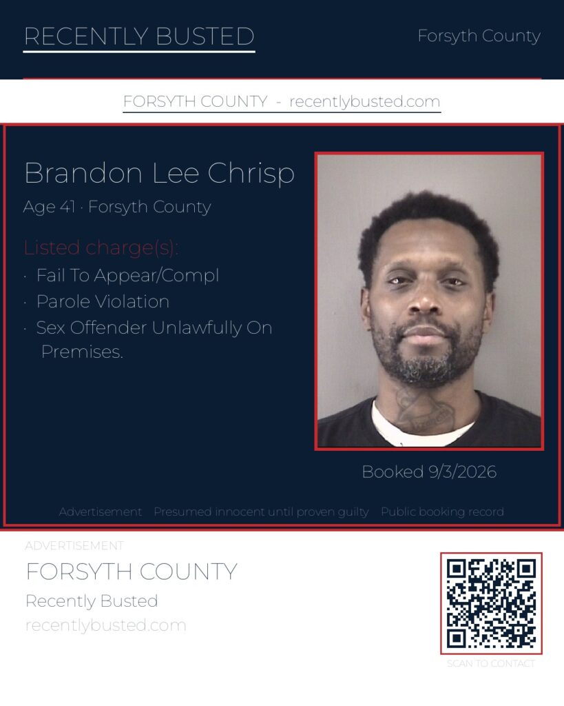 BRANDON LEE CHRISP — arrest record card, Forsyth County, North Carolina