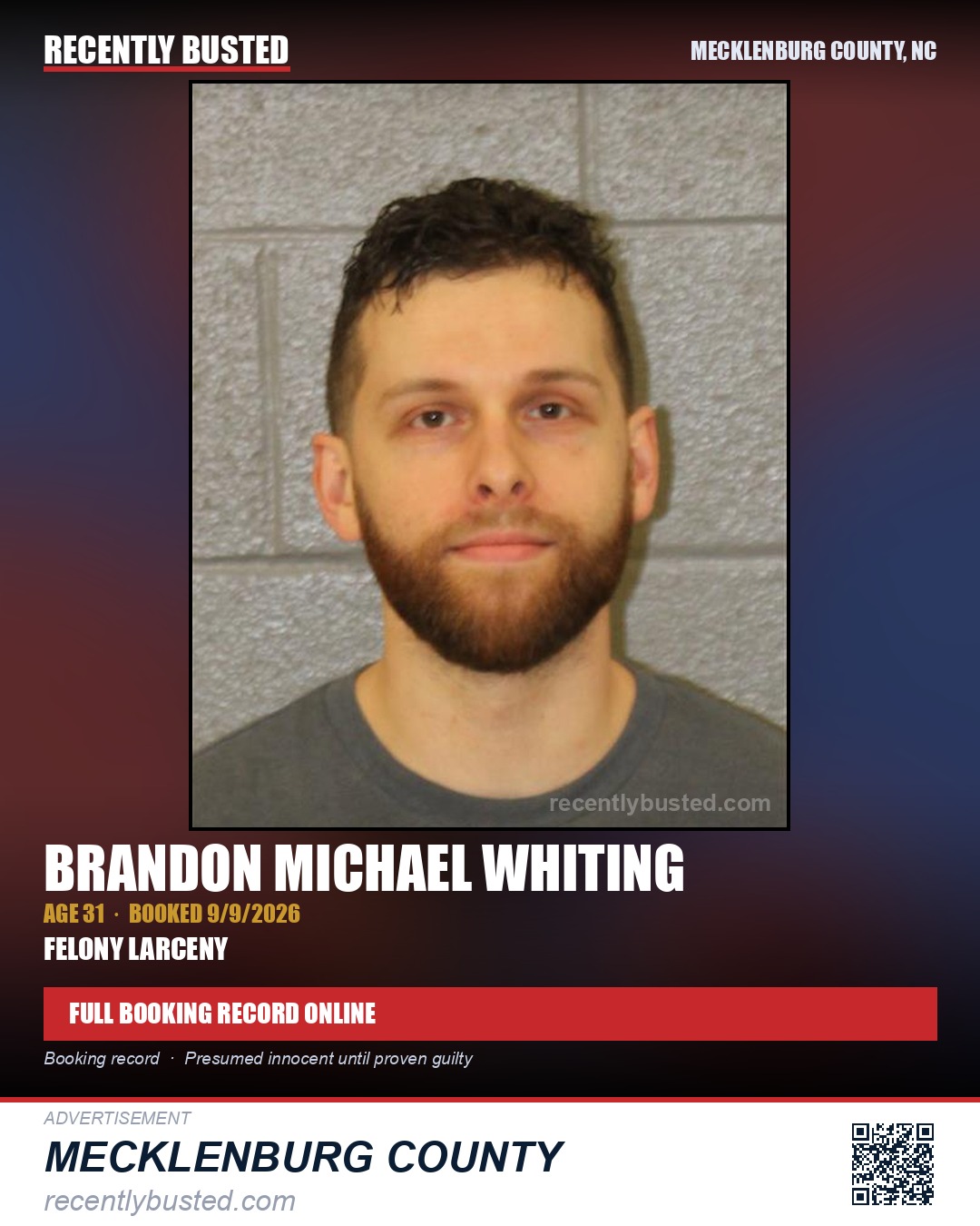 BRANDON MICHAEL WHITING — arrest record card, Mecklenburg County, North Carolina
