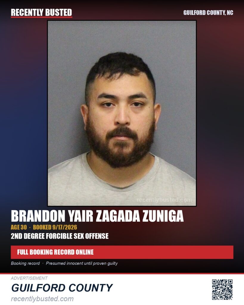 BRANDON YAIR ZAGADA ZUNIGA — arrest record card, Guilford County, North Carolina